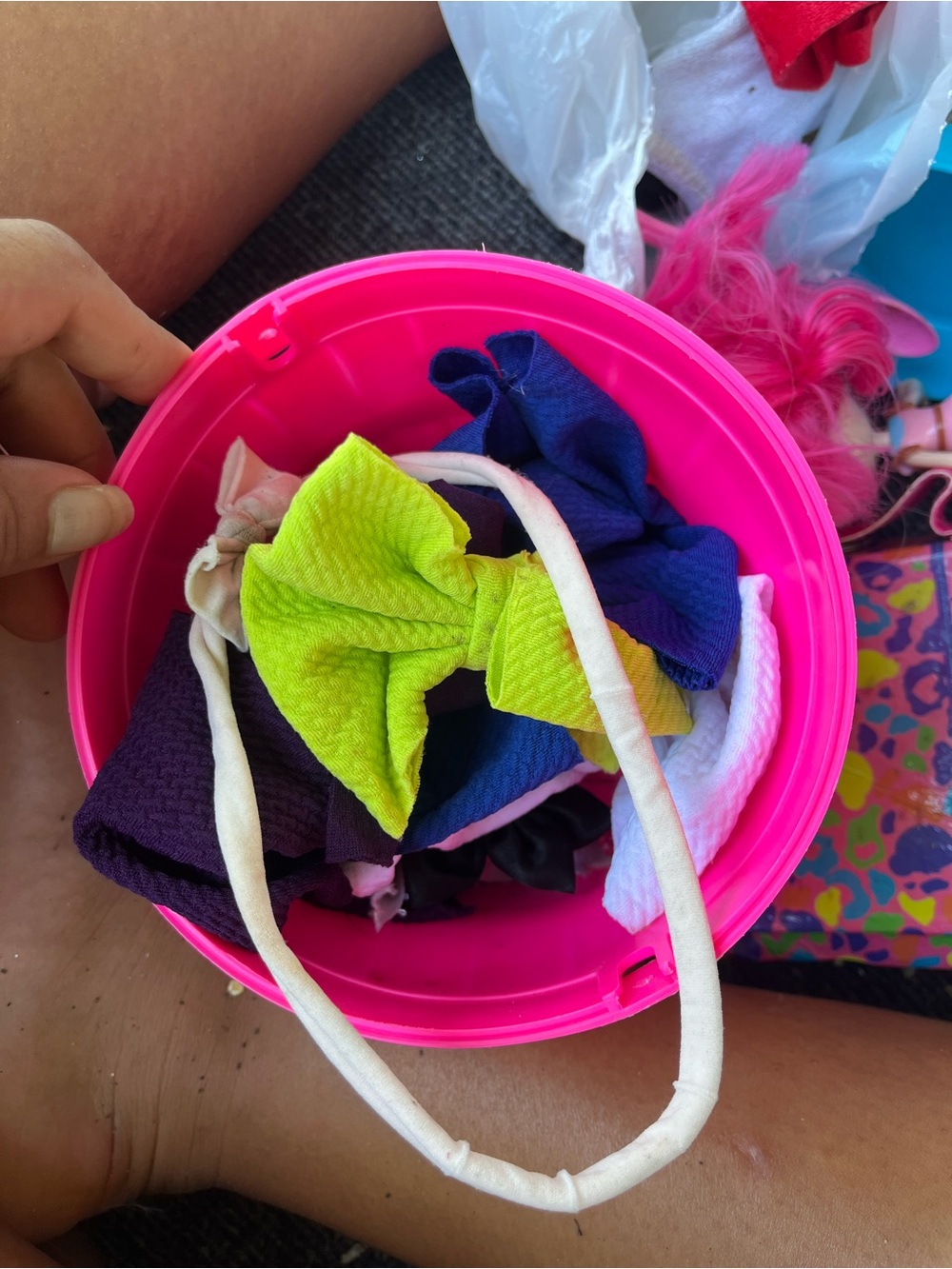 Bright Pink Bucket with Assorted Colorful Hair Bows